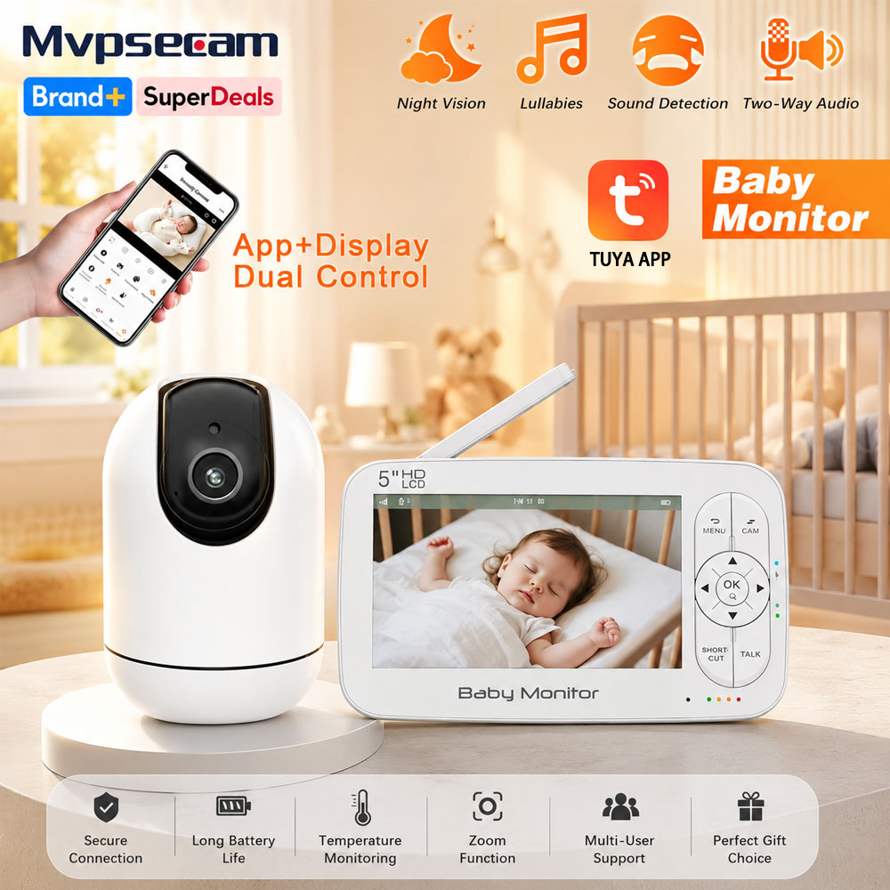 Audio Detect Music - スマートWiFiベビーモニター 5インチLCDスクリーン 4倍PTZズーム Tuyaアプリ+モニター デュアルコントロール 電子ベビーシッター