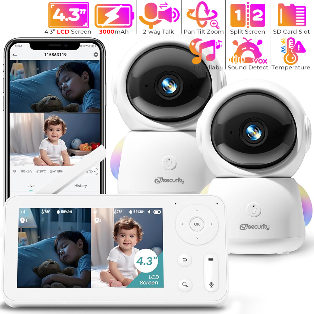 Audio Detect Music - カメラとオーディオを備えたベビーモニター,常夜灯,2台のカメラ,wifi,スマートフォン,2.4g,保育園,ペット,高齢者向け,355 ° 回転,RGB, 2k